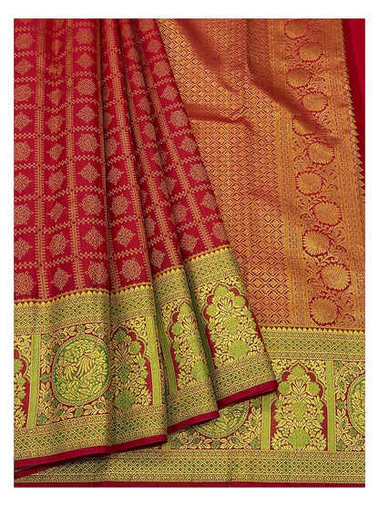 Handwoven Kanchipuram Silk Saree in Deep Pink with Green Peacock Border and Gold-Toned Pallu