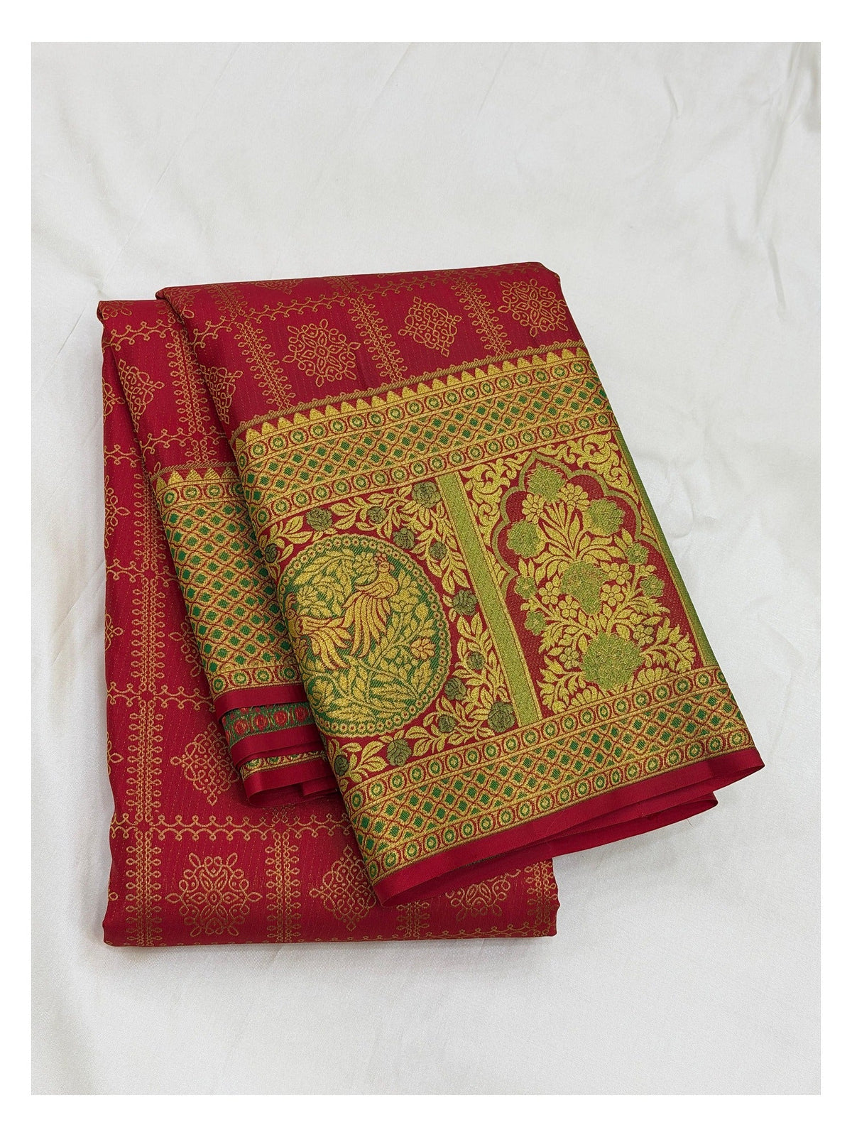 Handwoven Kanchipuram Silk Saree in Deep Pink with Green Peacock Border front view