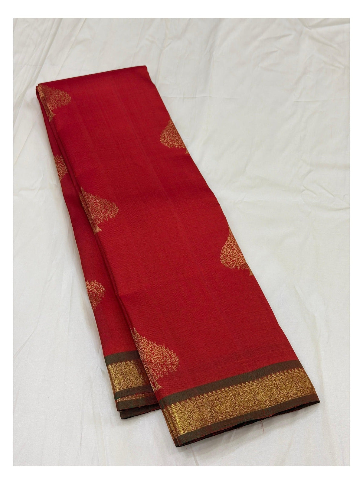 Handwoven Kanchipuram Silk Saree in Deep Red with Gold Floral Buttas front view