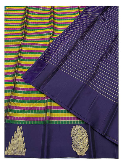 Handwoven Kanchipuram Silk Saree in Deep Violet with Multicolour Checks