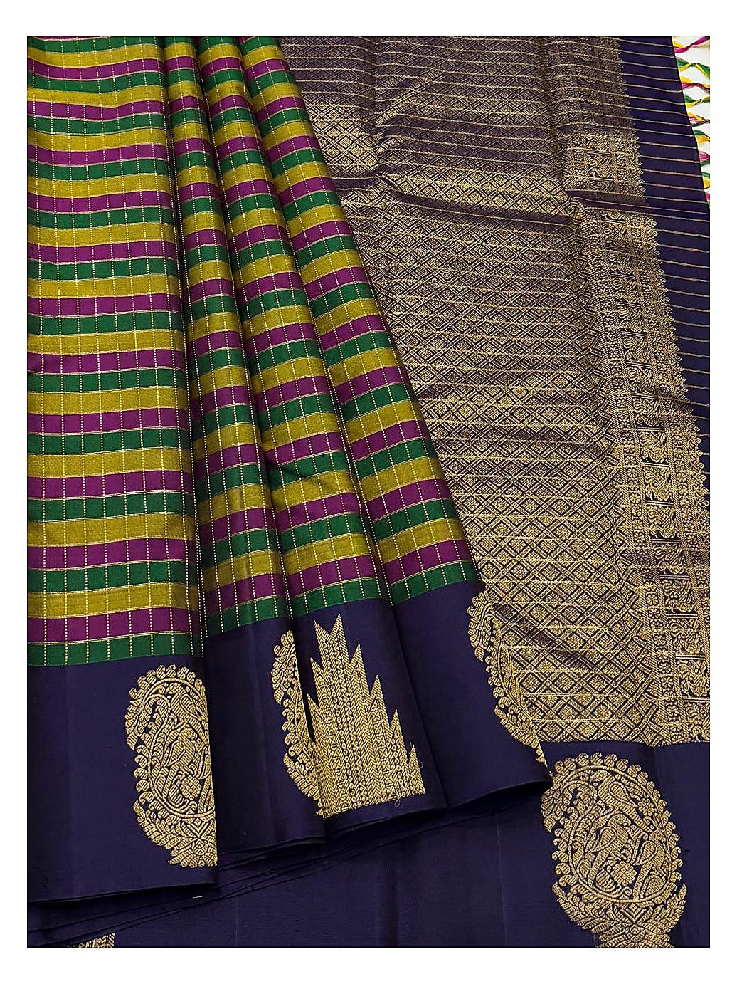 Handwoven Kanchipuram Silk Saree in Deep Violet with Multicolour Checks