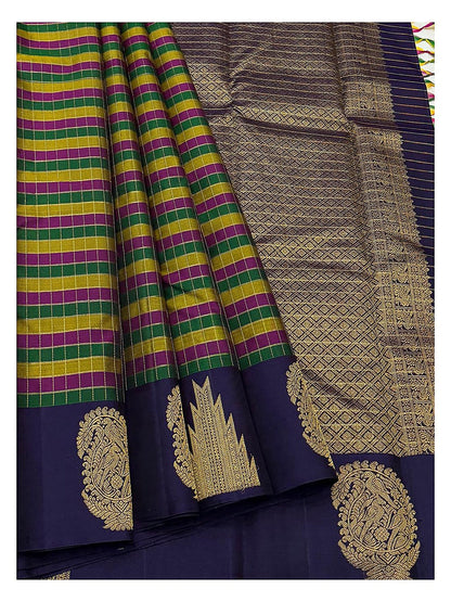 Handwoven Kanchipuram Silk Saree in Deep Violet with Multicolour Checks