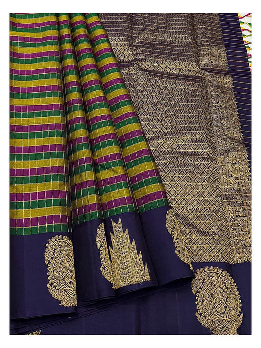 Handwoven Kanchipuram Silk Saree in Deep Violet with Multicolour Checks