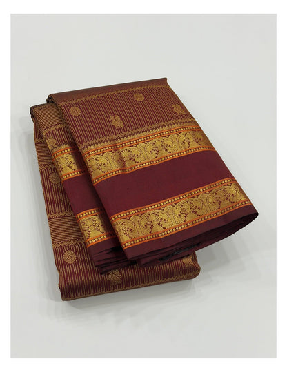 Handwoven Kanchipuram Silk Saree in Deep Wine with Gold Buttas and Ornate Woven Border front view