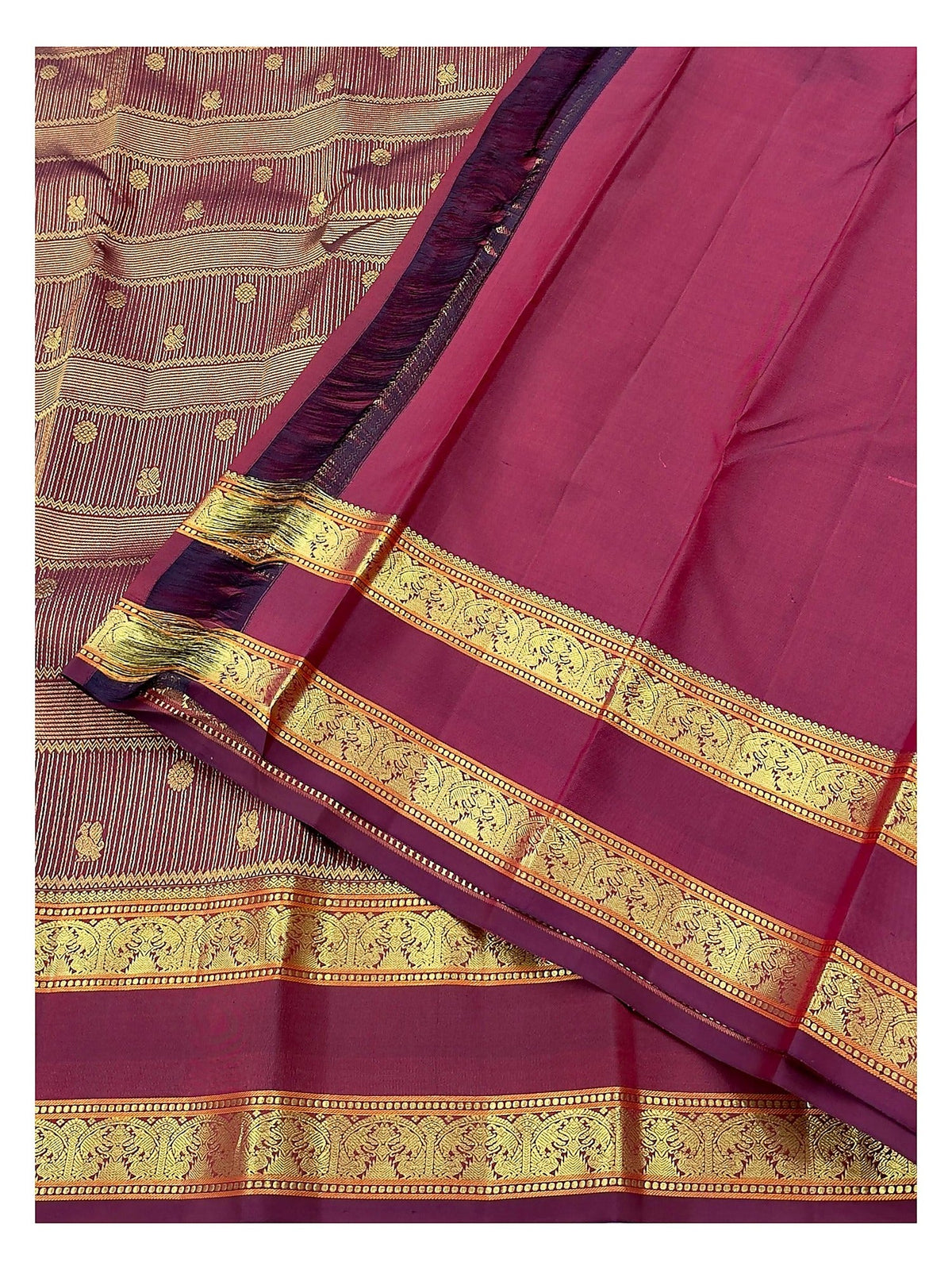 Handwoven Kanchipuram Silk Saree in Deep Wine with Gold Buttas and Ornate Woven Border