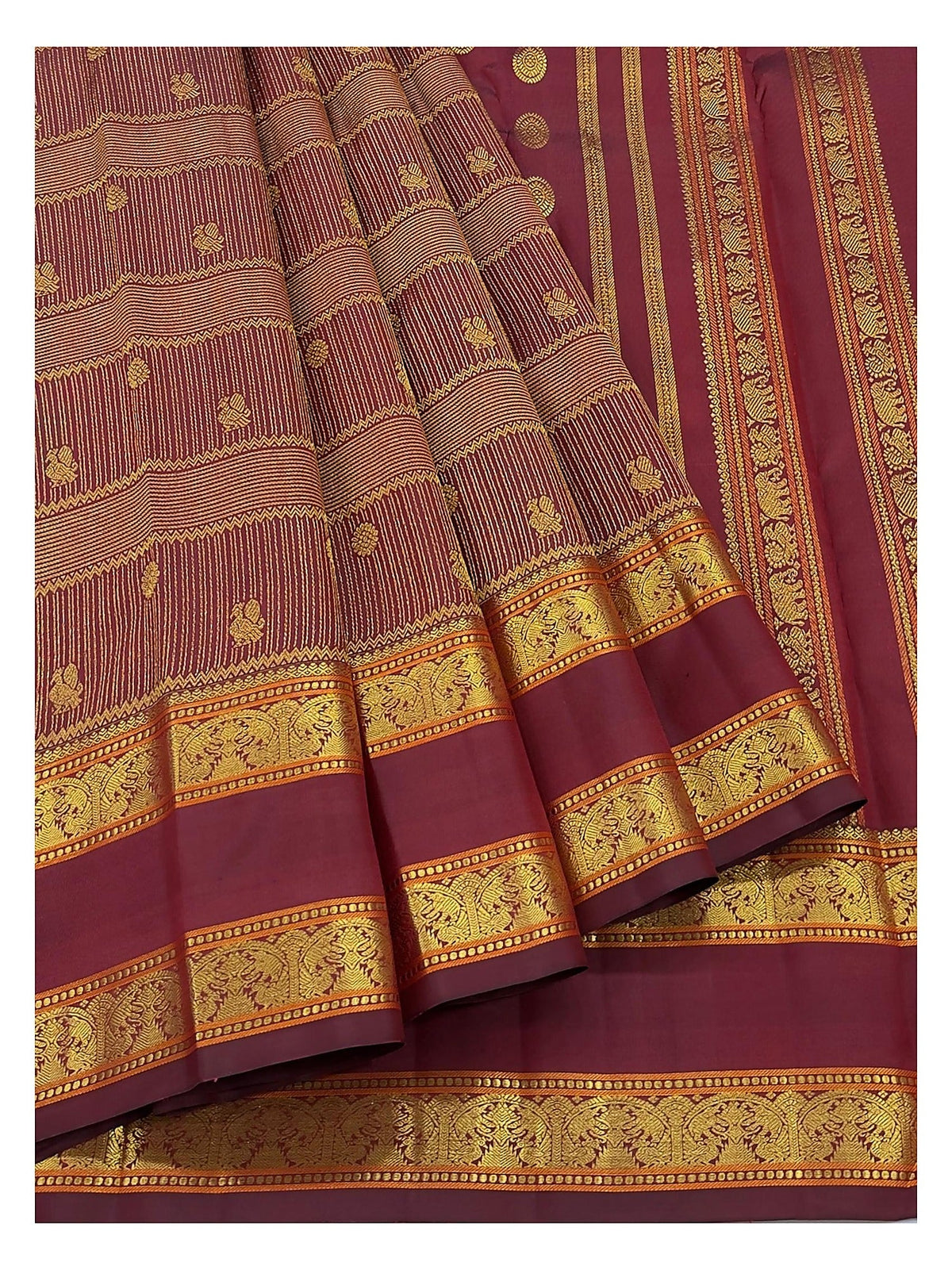 Handwoven Kanchipuram Silk Saree in Deep Wine with Gold Buttas and Ornate Woven Border