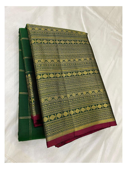 Handwoven Kanchipuram Silk Saree in Emerald Green with Gold-Toned Woven Border front view