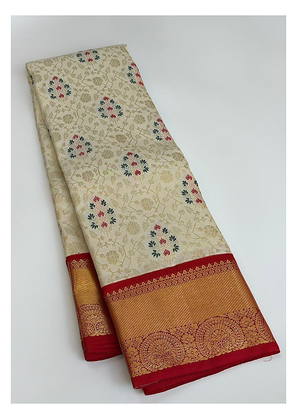 Handwoven Kanchipuram Silk Saree in Ivory and Red