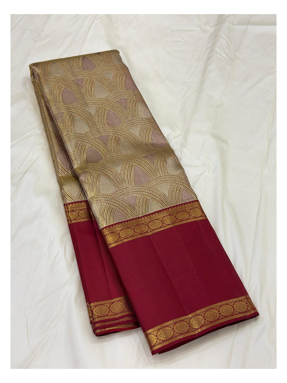 Handwoven Kanchipuram Silk Saree in Ivory Gold and Deep Maroon