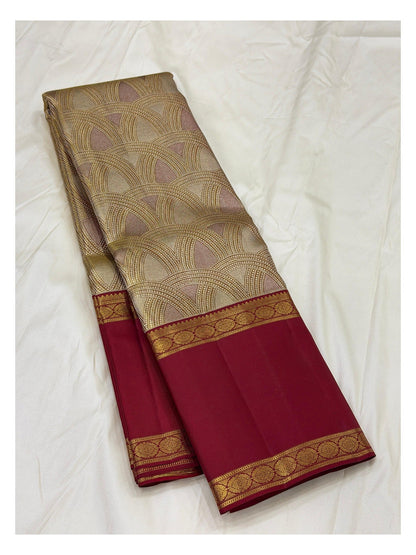 Handwoven Kanchipuram Silk Saree in Ivory Gold and Deep Maroon