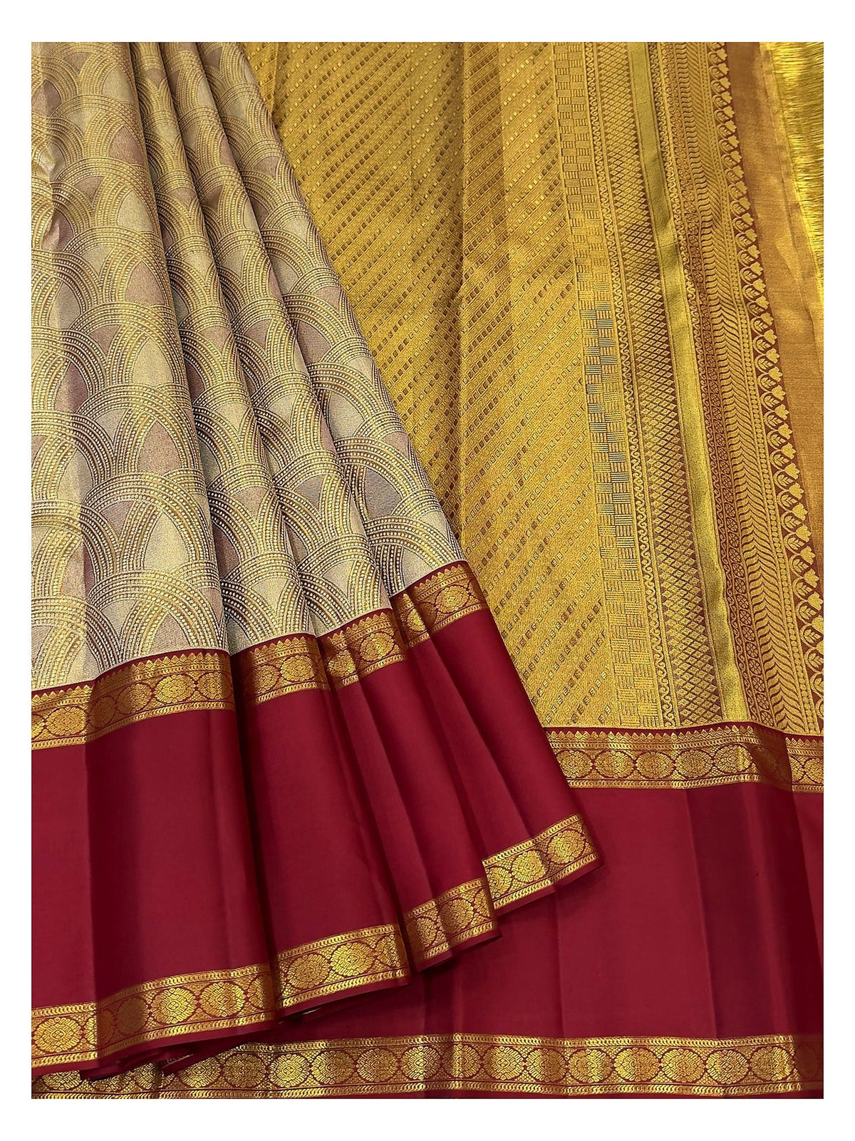 Handwoven Kanchipuram Silk Saree in Ivory Gold and Deep Maroon