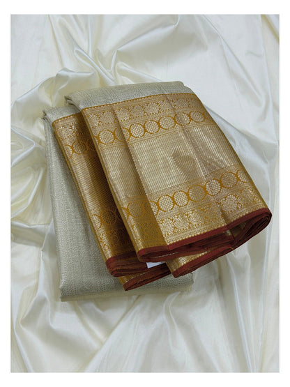 Handwoven Kanchipuram Silk Saree in Ivory with 2 Gram Gold Zari Border front view