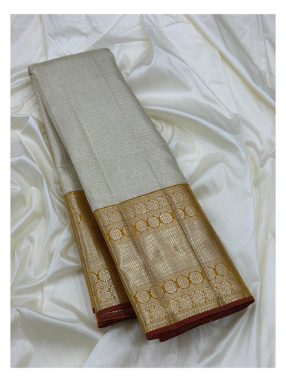 Handwoven Kanchipuram Silk Saree in Ivory with 2 Gram Gold Zari Border