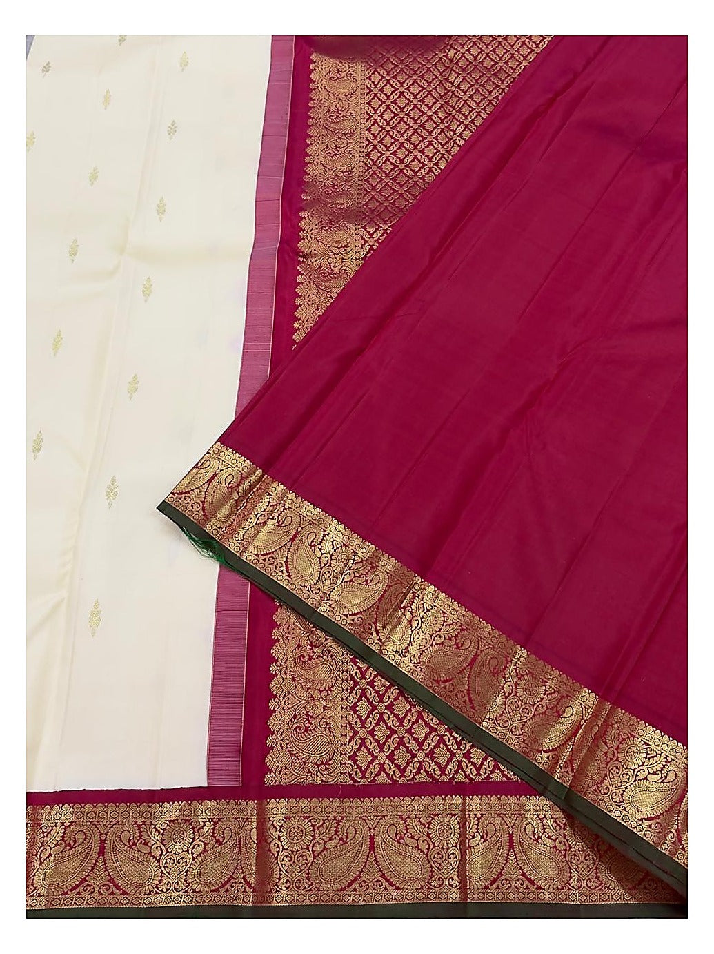 Handwoven Kanchipuram Silk Saree in Ivory with Magenta Zari Border