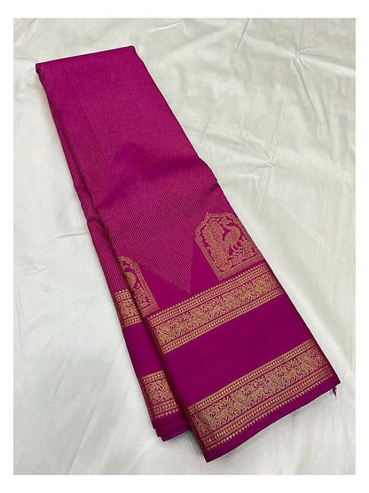 Handwoven Kanchipuram Silk Saree in Magenta Pink with Gold Zari Peacock Border