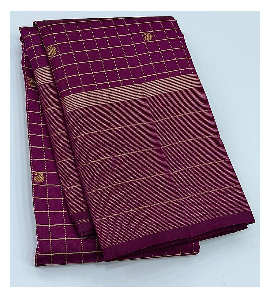 Handwoven Kanchipuram Silk Saree in Magenta with Gold Checks front view