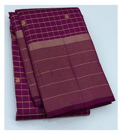 Handwoven Kanchipuram Silk Saree in Magenta with Gold Checks front view