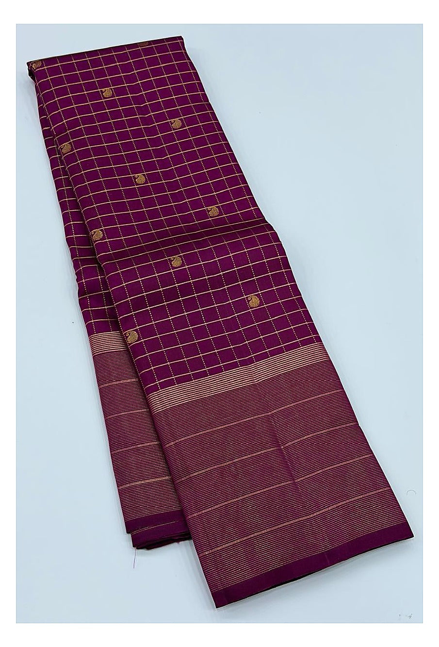 Handwoven Kanchipuram Silk Saree in Magenta with Gold Checks