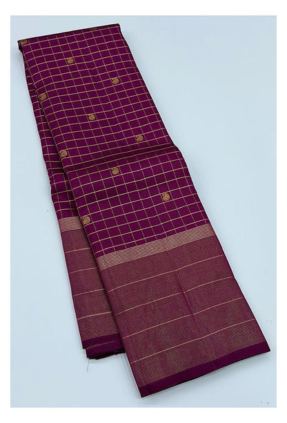 Handwoven Kanchipuram Silk Saree in Magenta with Gold Checks