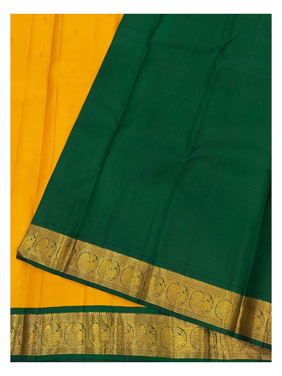 Handwoven Kanchipuram Silk Saree in Mustard Yellow with Emerald Green Zari Border