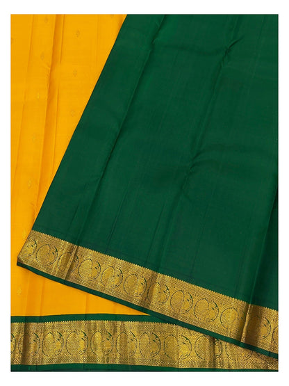 Handwoven Kanchipuram Silk Saree in Mustard Yellow with Emerald Green Zari Border
