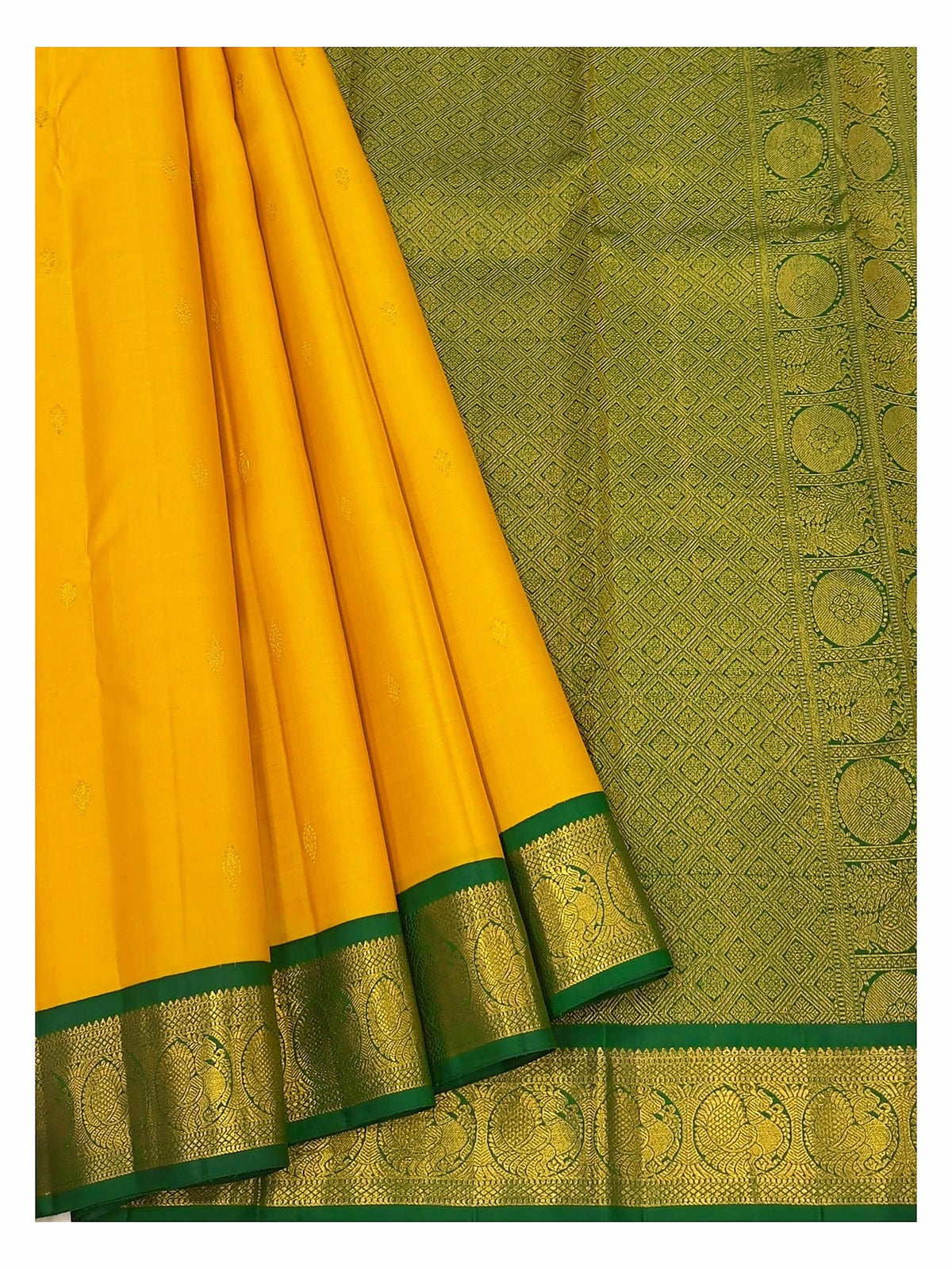 Handwoven Kanchipuram Silk Saree in Mustard Yellow with Emerald Green Zari Border