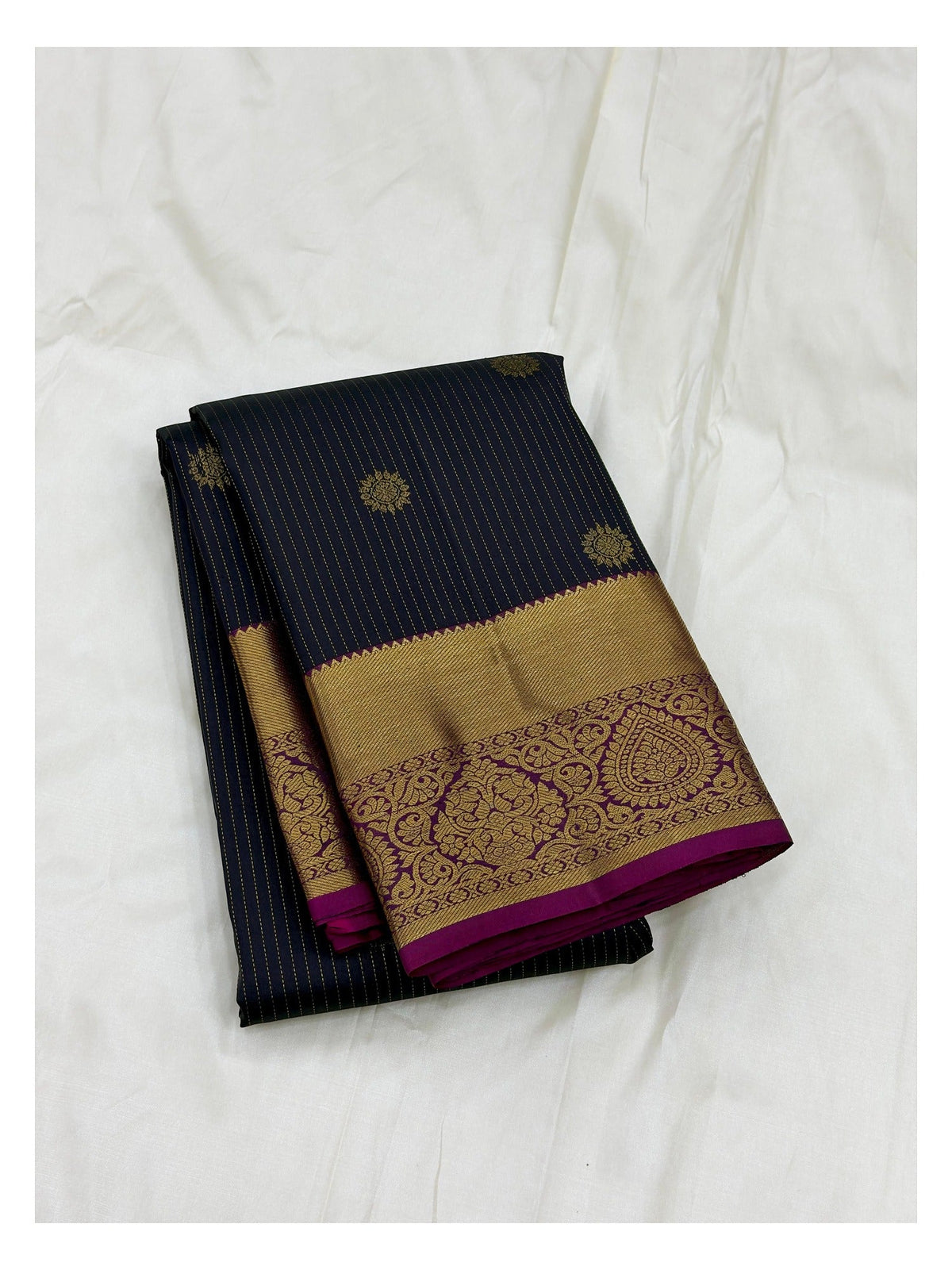 Handwoven Kanchipuram Silk Saree in Navy Blue with Gold Buttas and Magenta Contrast Pallu front view