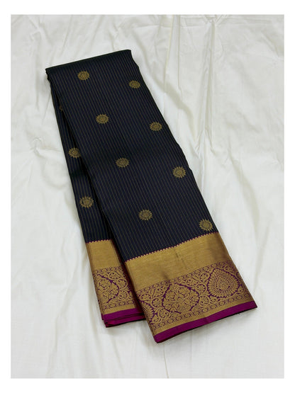 Handwoven Kanchipuram Silk Saree in Navy Blue with Gold Buttas and Magenta Contrast Pallu
