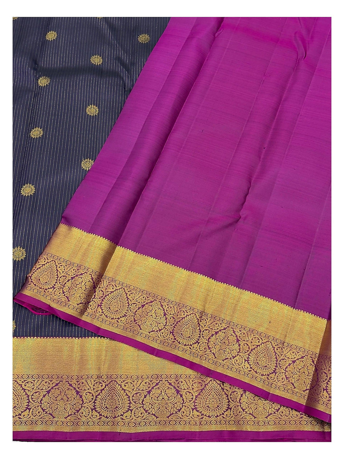 Handwoven Kanchipuram Silk Saree in Navy Blue with Gold Buttas and Magenta Contrast Pallu