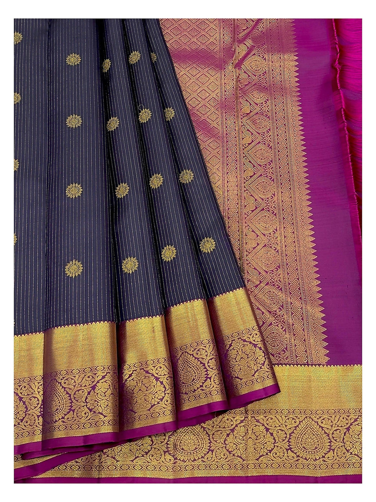 Handwoven Kanchipuram Silk Saree in Navy Blue with Gold Buttas and Magenta Contrast Pallu