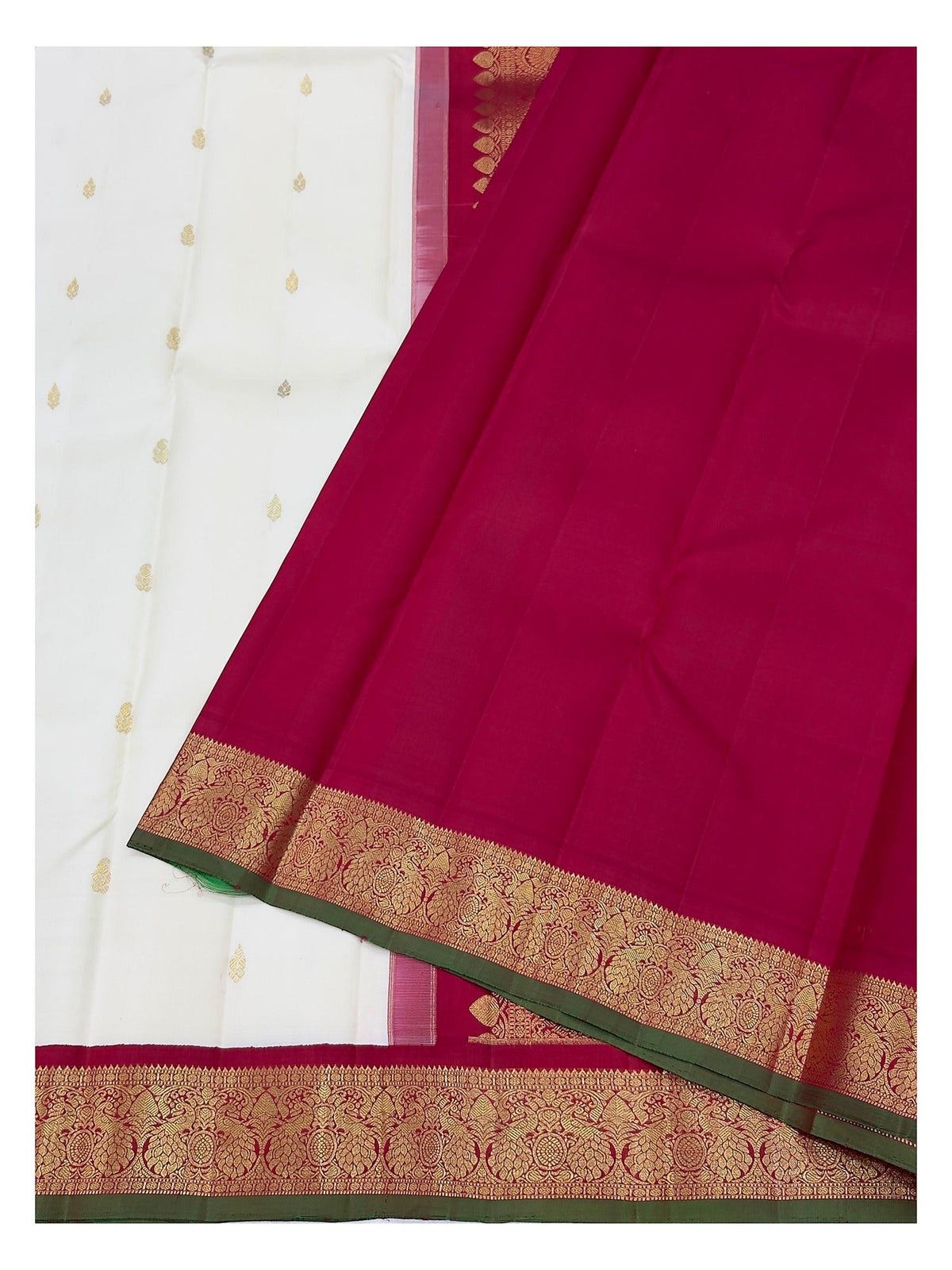 Handwoven Kanchipuram Silk Saree in Off-White with Gold Buttas and Magenta Contrast Pallu
