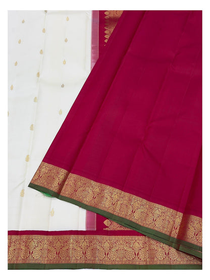 Handwoven Kanchipuram Silk Saree in Off-White with Gold Buttas and Magenta Contrast Pallu