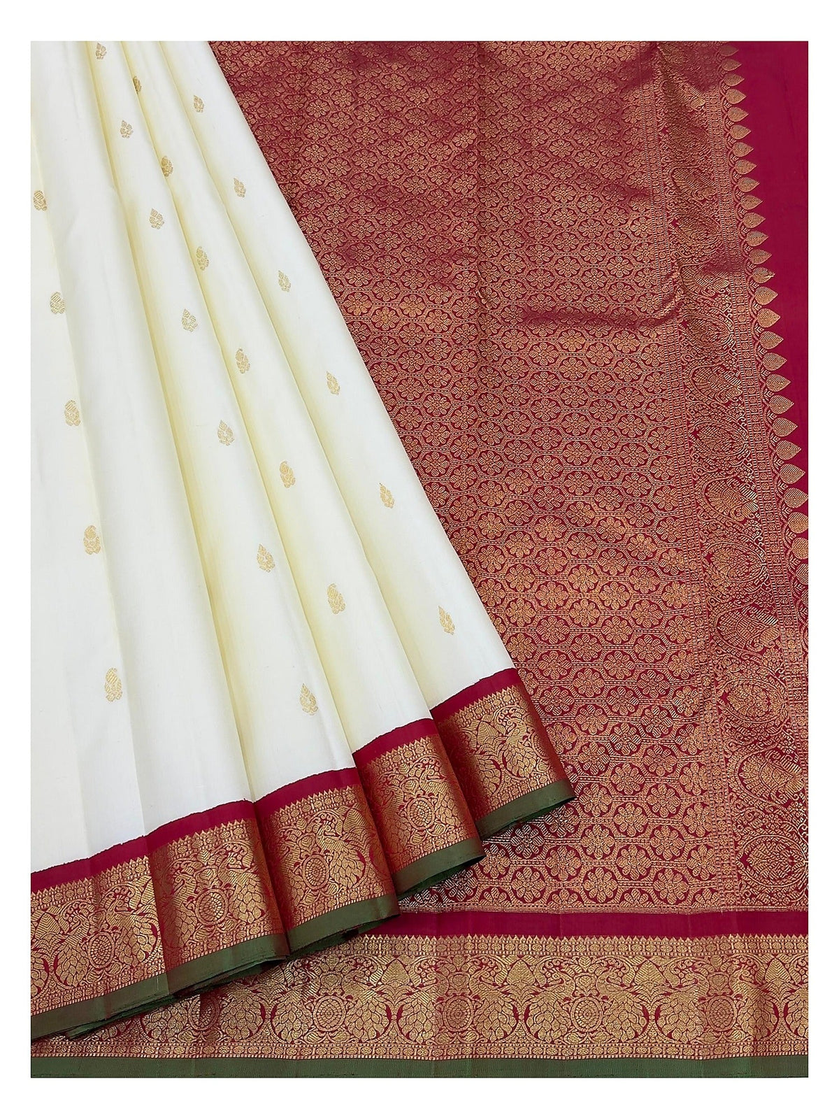 Handwoven Kanchipuram Silk Saree in Off-White with Gold Buttas and Magenta Contrast Pallu