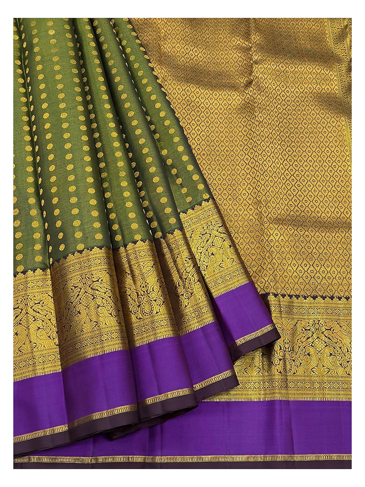 Handwoven Kanchipuram Silk Saree in Olive Green with Purple Contrast Border front view