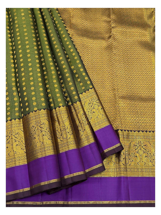 Handwoven Kanchipuram Silk Saree in Olive Green with Purple Contrast Border front view