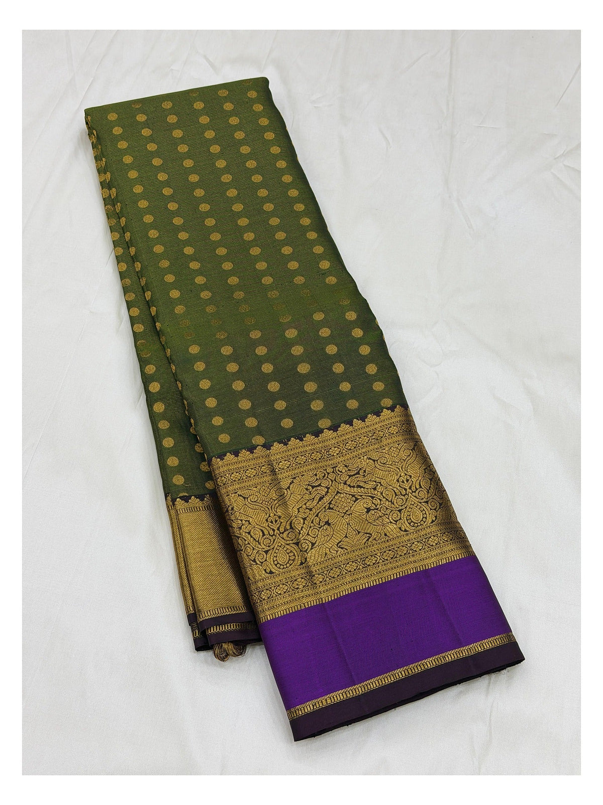 Handwoven Kanchipuram Silk Saree in Olive Green with Purple Contrast Border