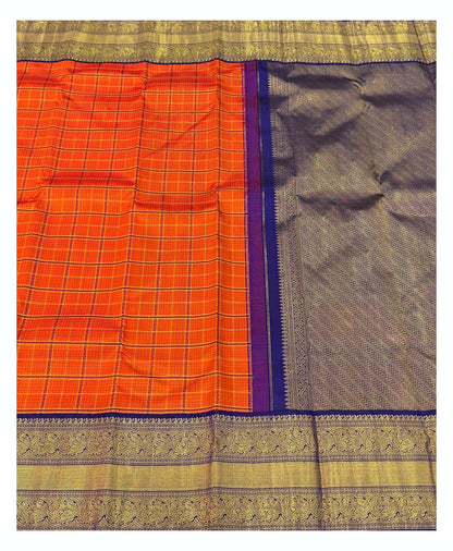 Handwoven Kanchipuram Silk Saree in Orange Checks with Royal Blue Peacock Border