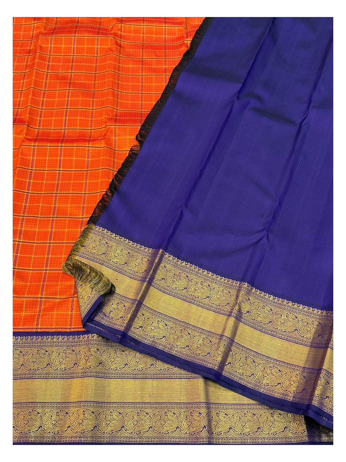 Handwoven Kanchipuram Silk Saree in Orange Checks with Royal Blue Peacock Border