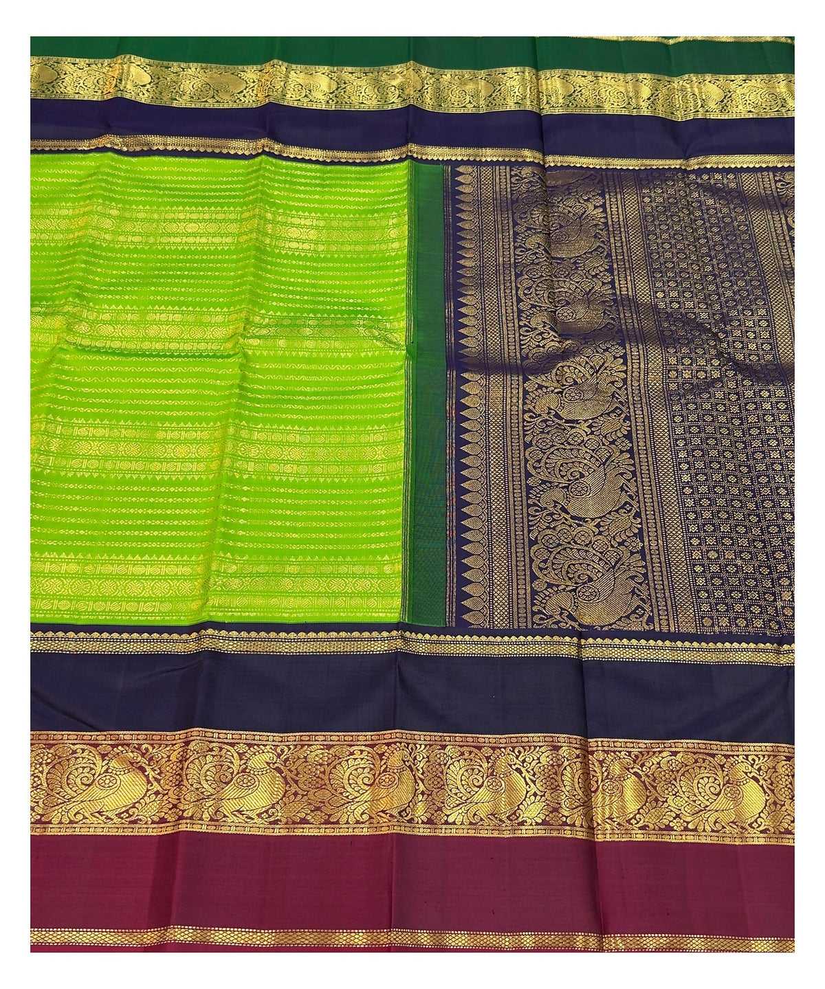Handwoven Kanchipuram Silk Saree in Parrot Green with Navy Blue and Magenta Peacock Border