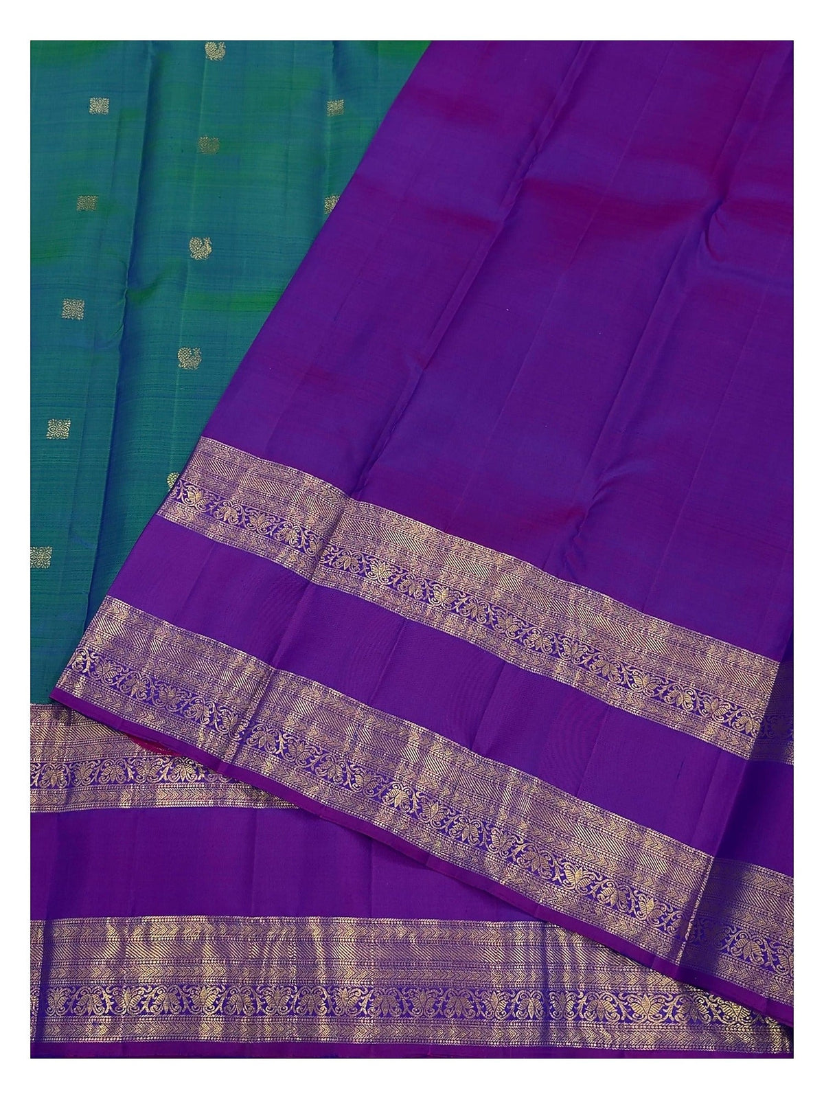 Handwoven Kanchipuram Silk Saree in Peacock Green with Royal Purple Zari Border