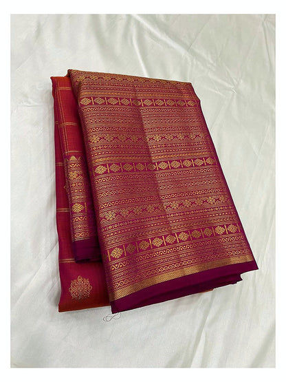 Handwoven Kanchipuram Silk Saree in Rani Pink with Gold Zari Border front view
