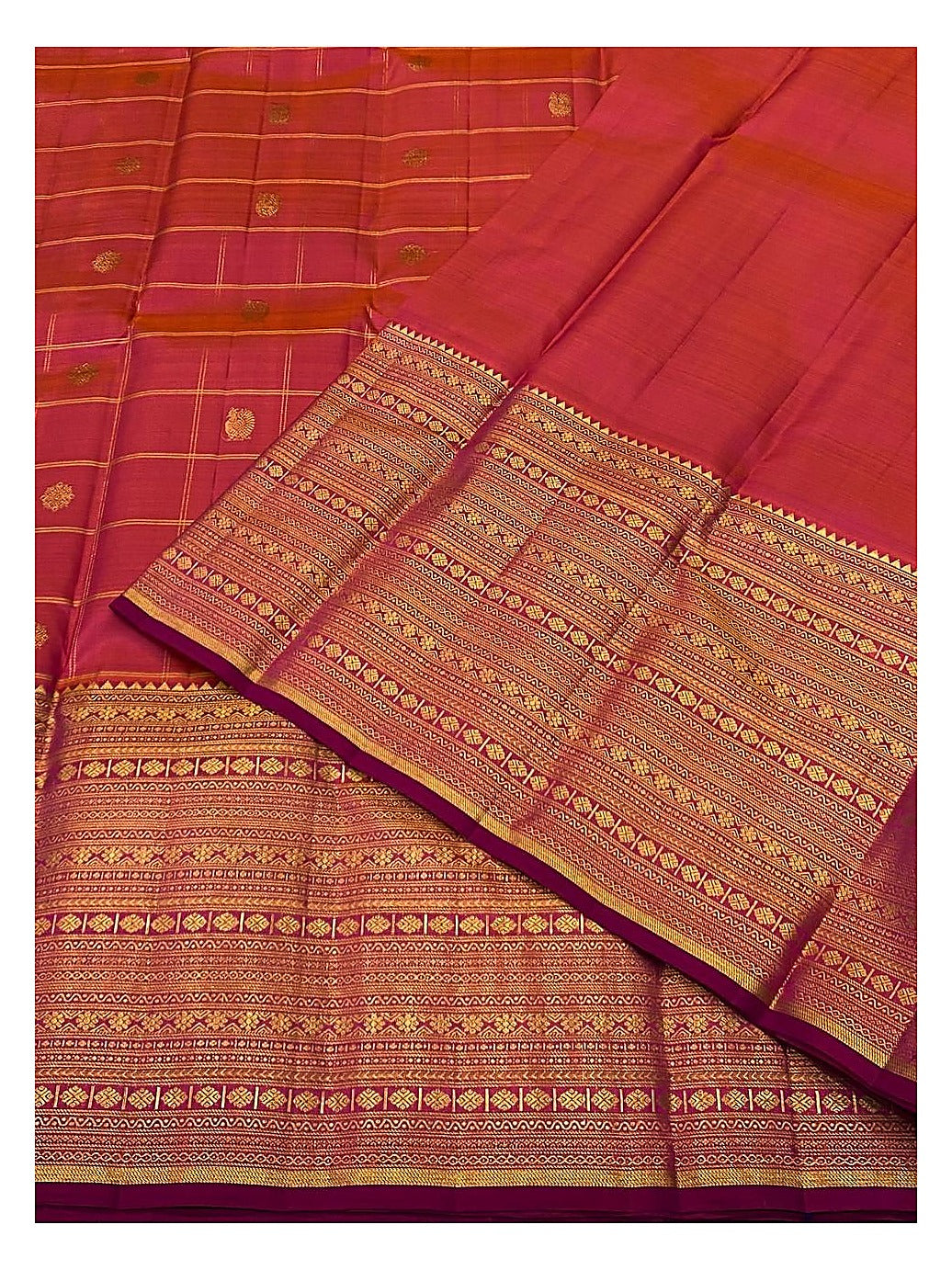 Handwoven Kanchipuram Silk Saree in Rani Pink with Gold Zari Border