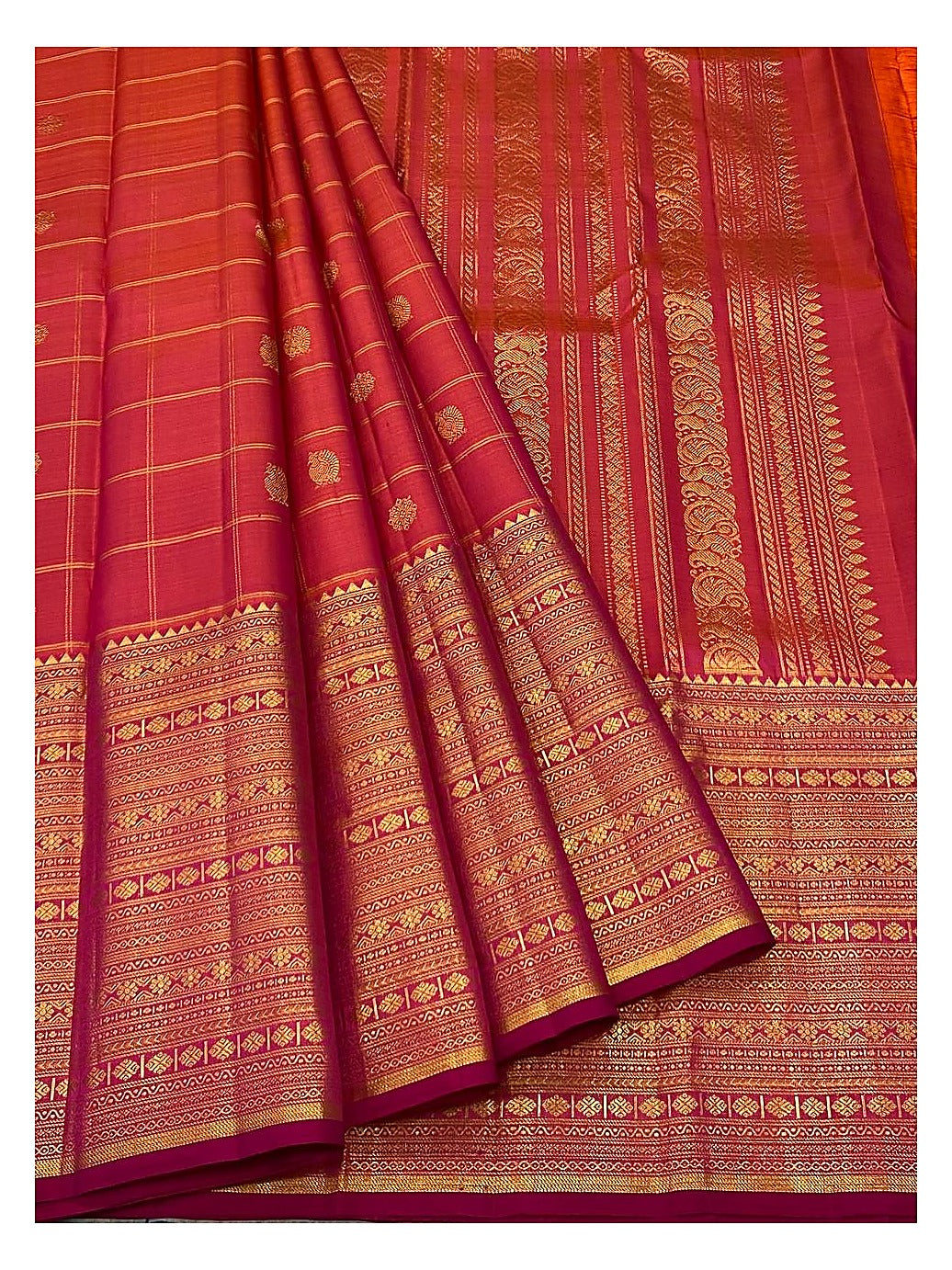 Handwoven Kanchipuram Silk Saree in Rani Pink with Gold Zari Border