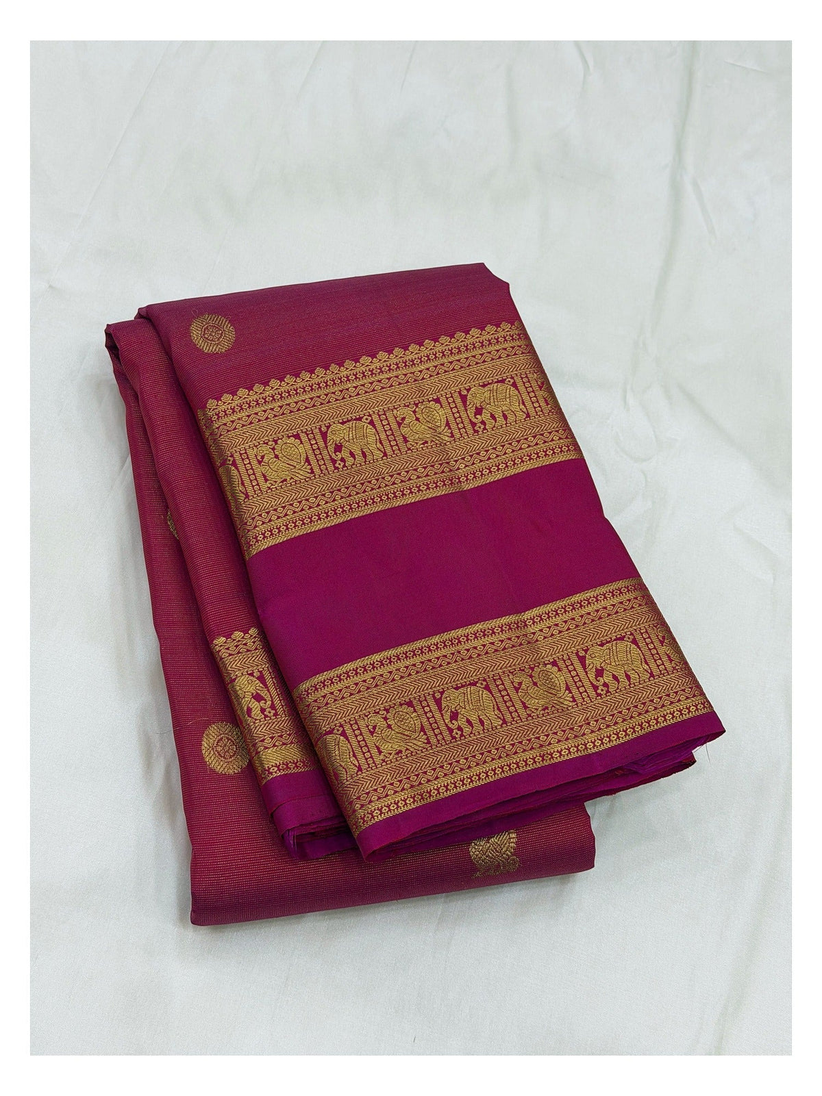 Handwoven Kanchipuram Silk Saree in Raspberry Pink with Gold-Toned Elephant Border front view