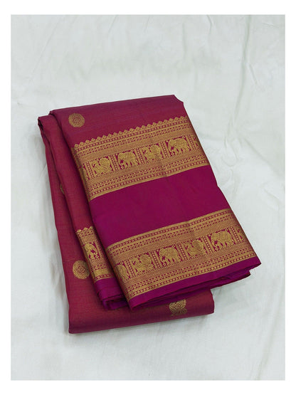 Handwoven Kanchipuram Silk Saree in Raspberry Pink with Gold-Toned Elephant Border front view
