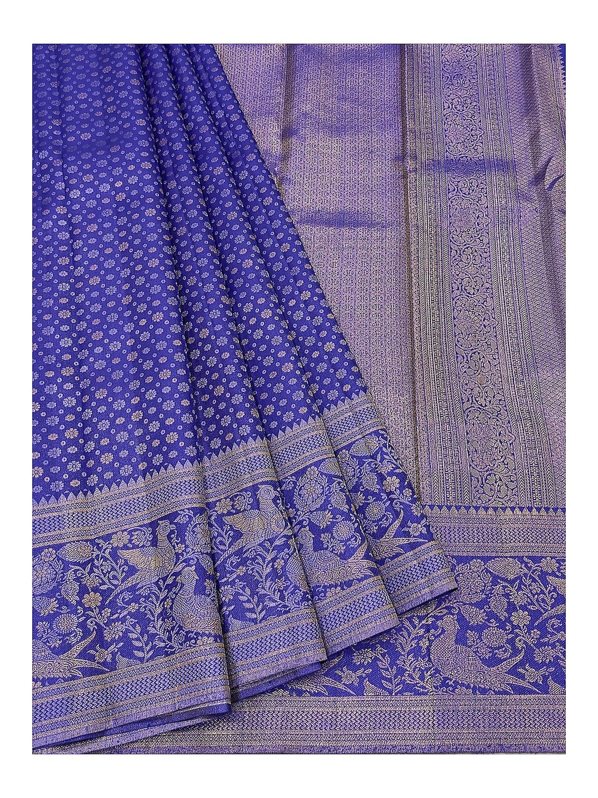 Handwoven Kanchipuram Silk Saree in Royal Blue with Peacock Border and woven pallu