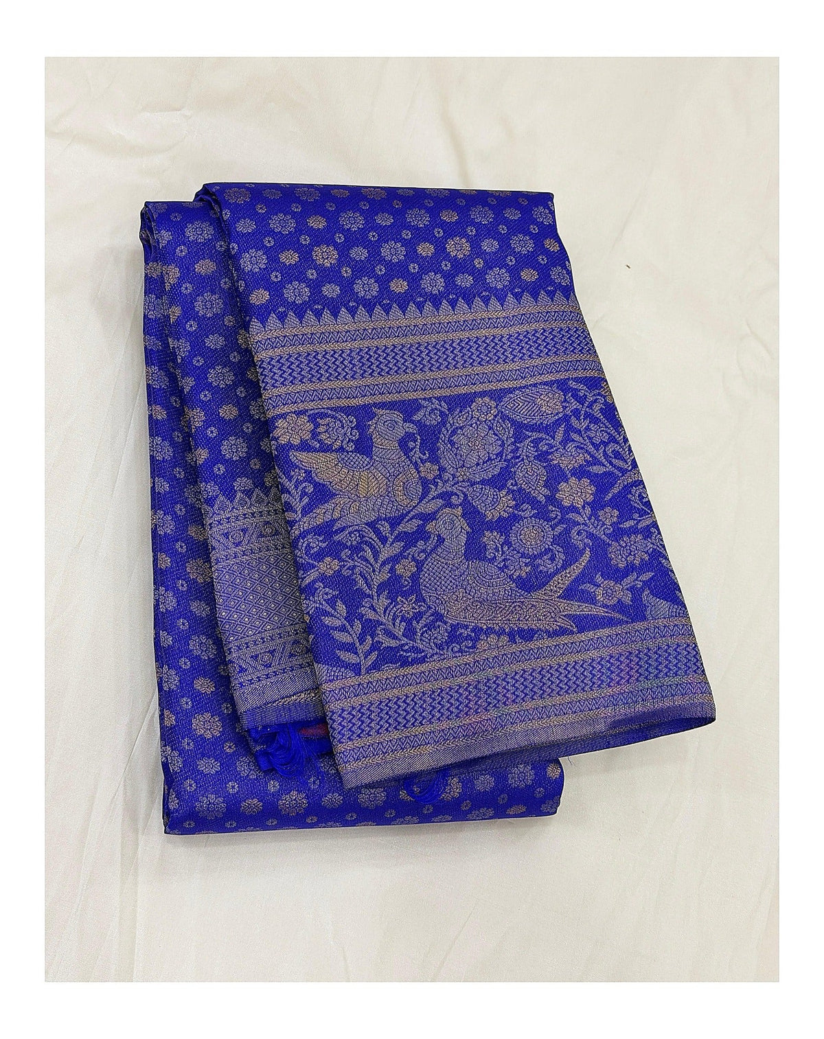 Handwoven Kanchipuram Silk Saree in Royal Blue with Peacock Border front view