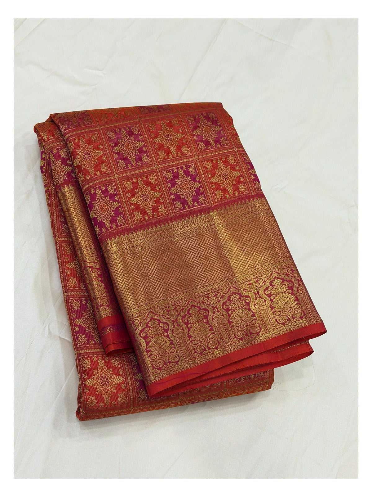 Handwoven Kanchipuram Silk Saree in Rust Orange and Magenta Checks front view