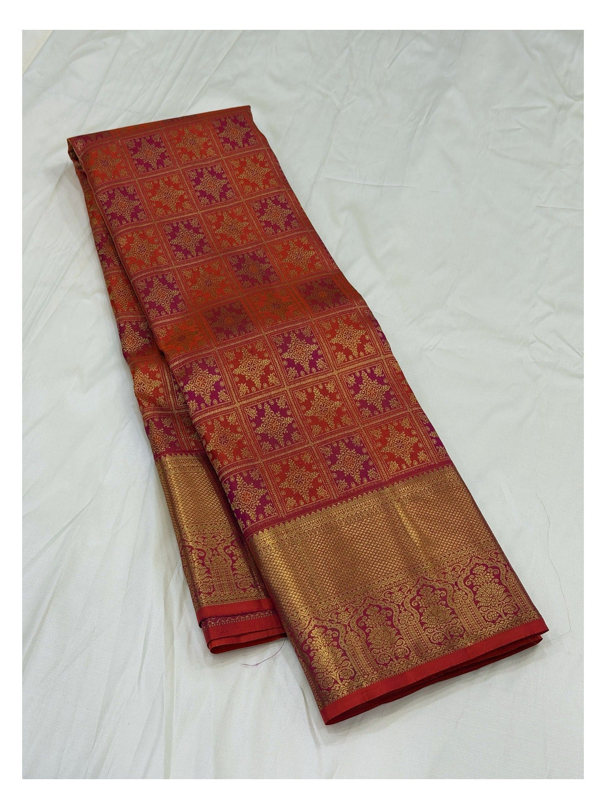 Handwoven Kanchipuram Silk Saree in Rust Orange and Magenta Checks