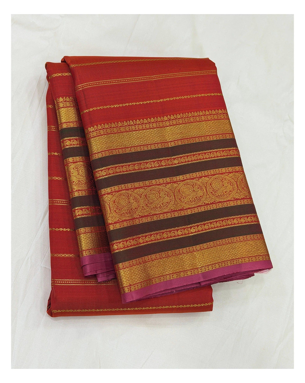 Handwoven Kanchipuram Silk Saree in Rust Orange with Pink Contrast Pallu front view
